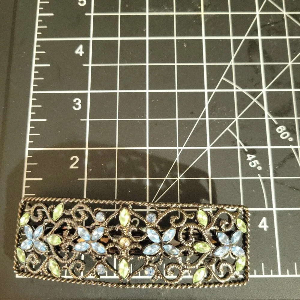 Vintage Bronze Filigree Rhinestone Floral Hair Barrette Clip 3.5